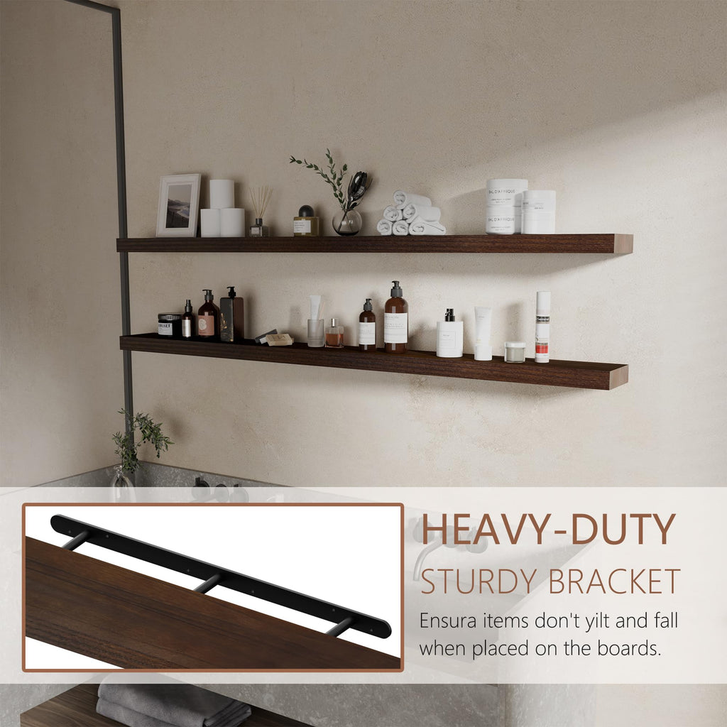 60 inch Long Floating Shelves for Wall, Solid Wood Long Shelves Set of 2, Walnut Rustic Mounted Shelves Bedroom Laundry