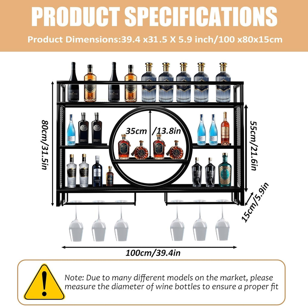 Wine Rack Wall Mounted with LED Light,Bar Liquor Shelf,Black,100*80*15 | Metal,3-Tier,Wine Glass Holder,Modern,Home