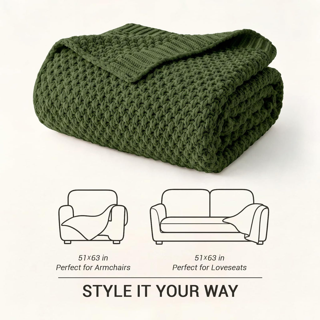 Chunky Cable Knit Throw Blanket Lightweight Olive Green 100% Organic Cotton Blanket for Sofa Couch Bed Baby Nursery