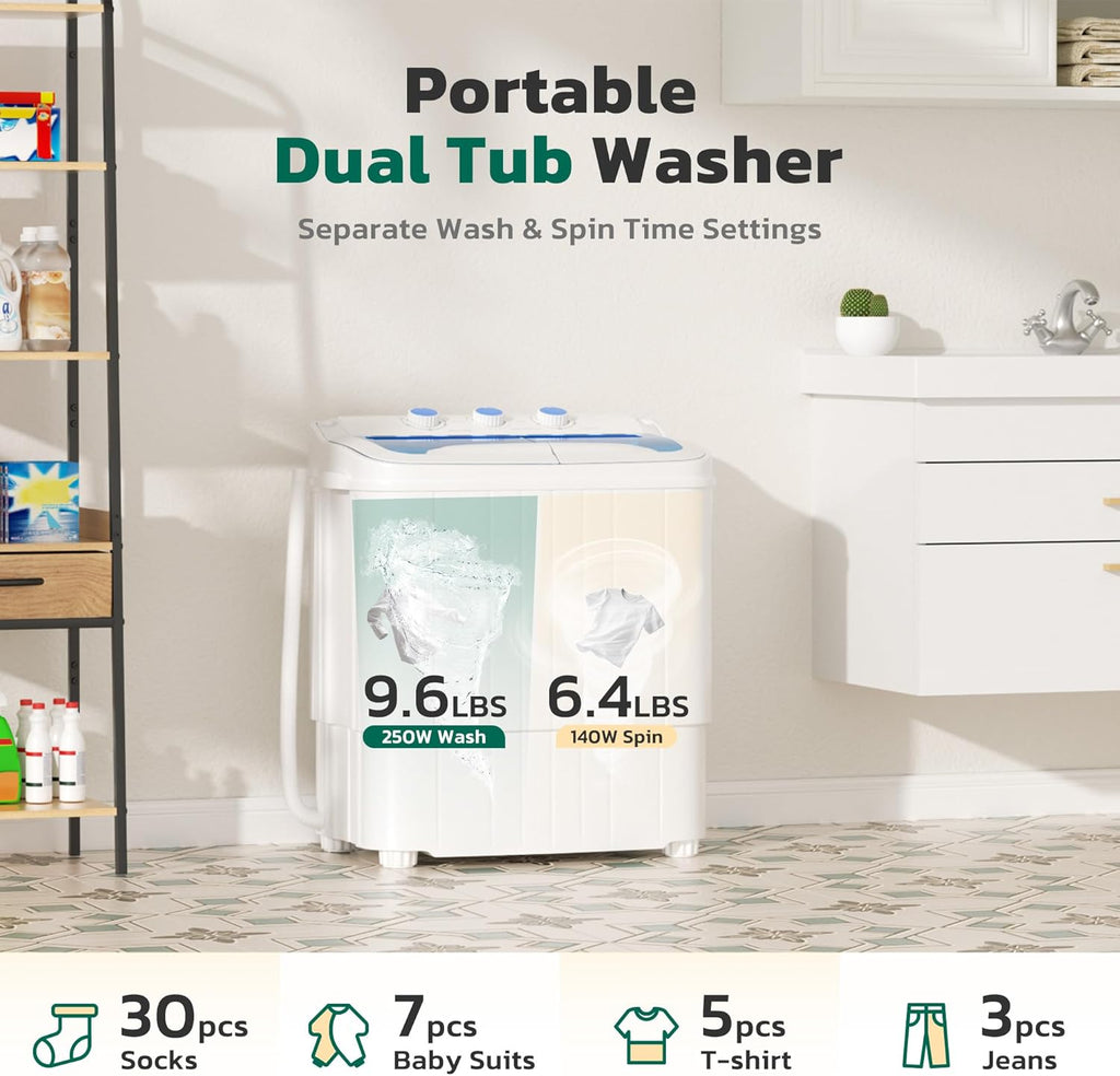 Portable Washing Machine, 17.6lbs Twin Tub Washer and Dryer Combo, Compact Mini Laundry Washer with Spin Cycle&Soaking