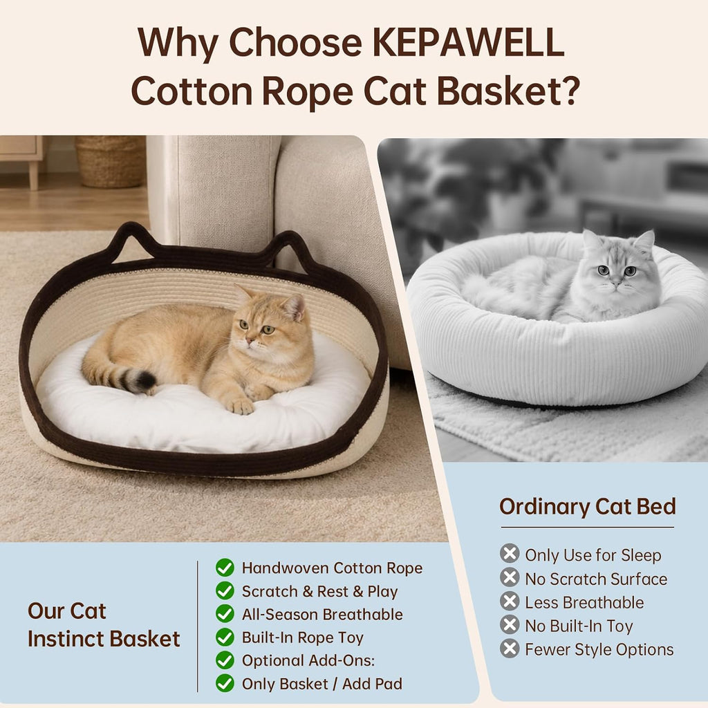 Cat Basket with Cushion for Indoor Cats, White & Coffee