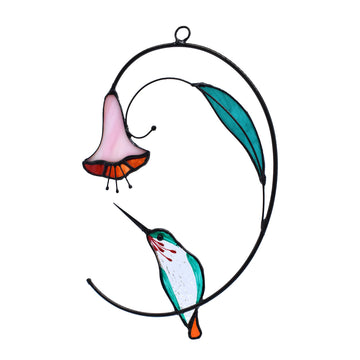 Hummingbird with Flower Stained Glass Suncatcher Bird Stained Glass Window Hangings Hummingbird Gift Decor (Green)