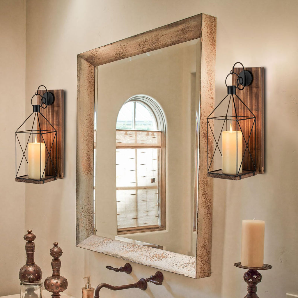 Wood Wall Candle Sconce with Black Lantern, Set of 2 Home Decor