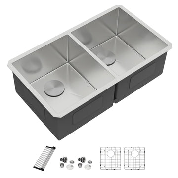36" Extra Large Double Bowl Kitchen Sink Undermount 50/50 Split 16 Gauge 304 Stainless Steel Double Sinks, Round