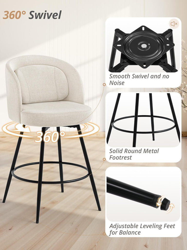 26''H Swivel Bar Stools Set of 2, Counter Height Bar Stools with Backs, Lumbar Pillow and Black Metal Frames