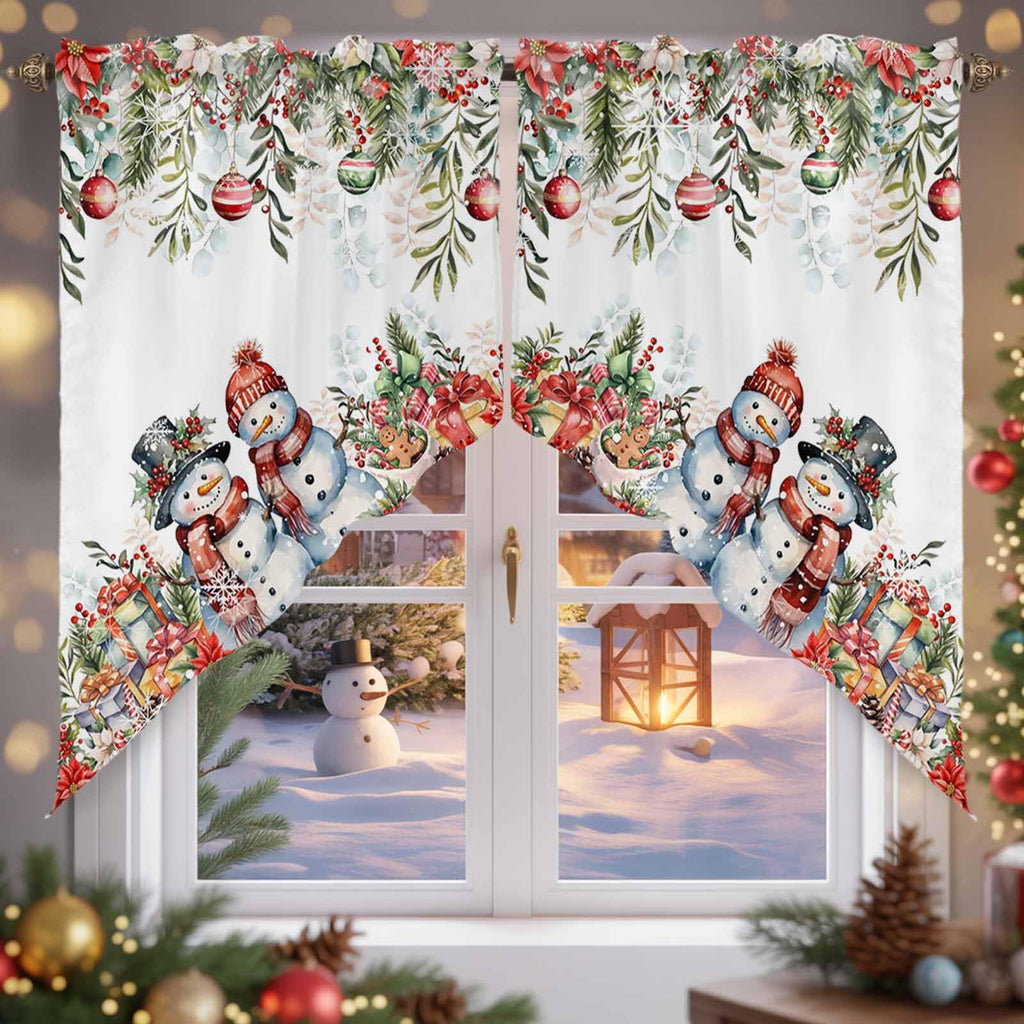 Christmas Red Eucalyptus Leaves Curtain Valance for Window, Farmhouse Swag Curtains, Cute Snowman Valance Bathroom