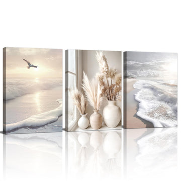 Modern Beige Abstract Beach Botanical Sunset Canvas Wall Art 16"x24"x3