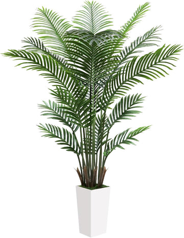 Artificial Palm Tree 6FT - Lifelike Fake Areca Palm Tree with White Tall Planter - Faux Indoor Tropical Floor Plant