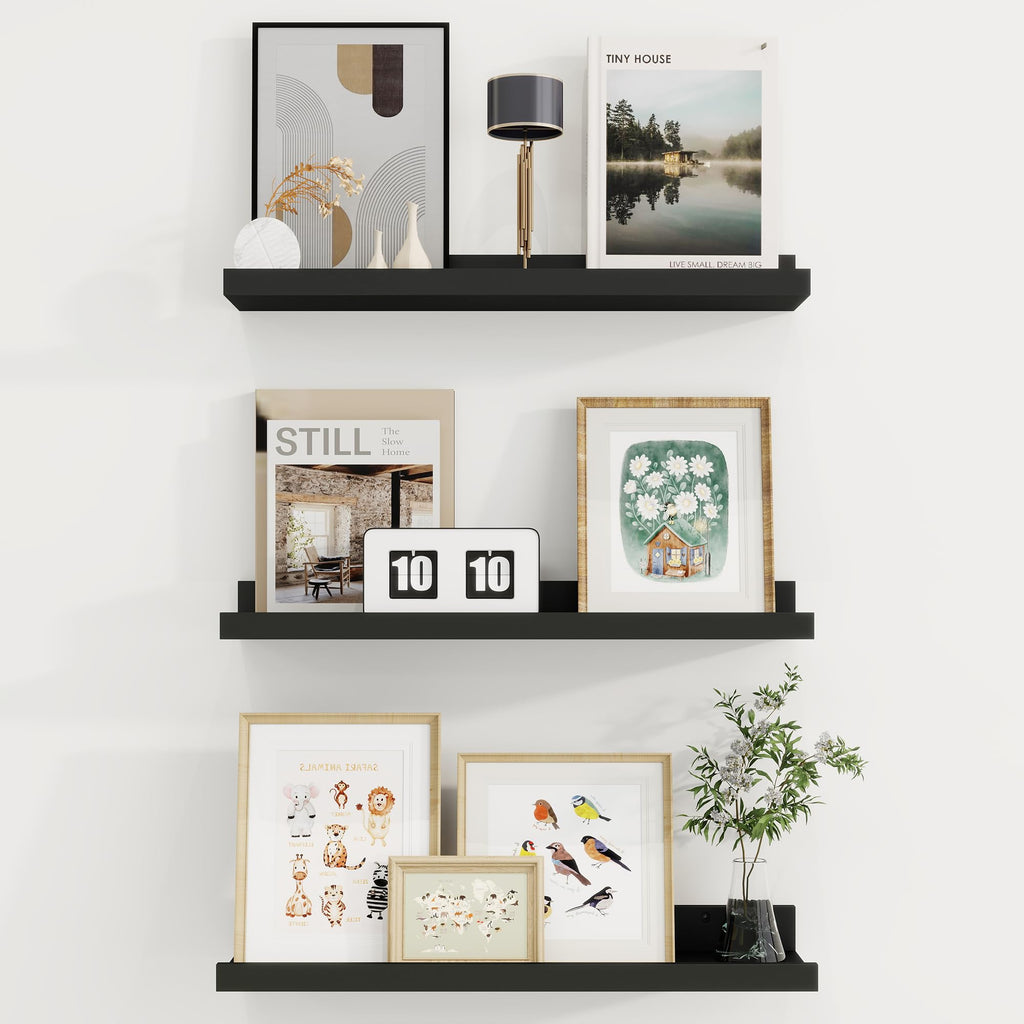 20 Inch Floating Shelves, Black Picture Ledge Shelf Set of 3