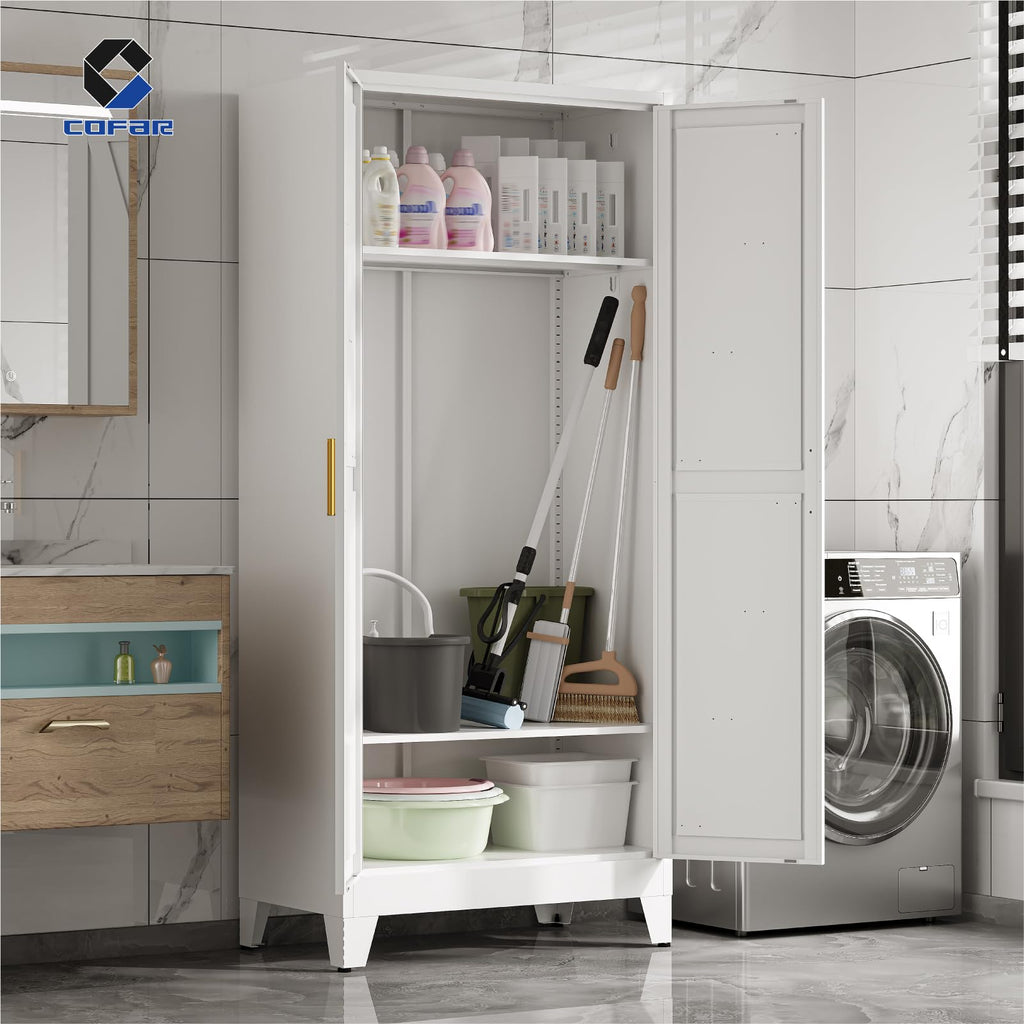 71'' Metal Wardrobe Closet, Bedroom Armoire Cabinet with Adjustable Hanging Rod and Shelves, 2 Doors Farmhouse Closet