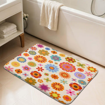 Retro Colorful Cute Flower Bathroom Rugs, Vintage Hippie Funky 70s Sun Flowers Bath Mats, Pastel Flora Groovy Boho