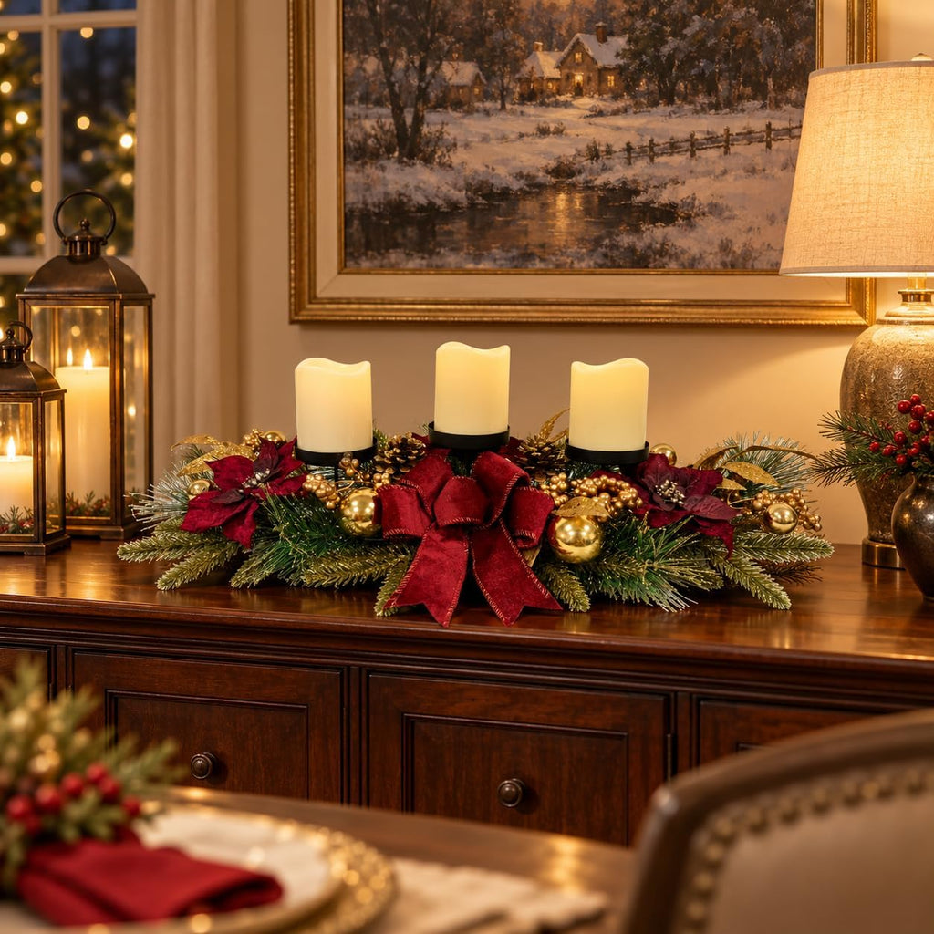 Christmas Candle Holder Centerpiece with Poinsettias and Berries
