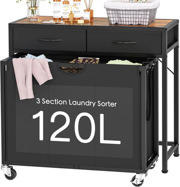Laundry Sorter, Rolling Laundry Hamper with 3 Section Pull-Out Bags, Laundry Basket Organizer with 2 Drawers & 2-Tone