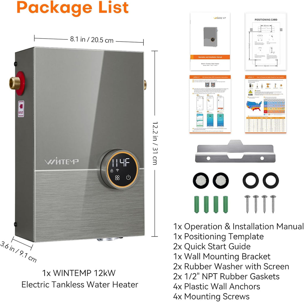Tankless Water Heater Electric 12kW, 240 Volt On Demand Instant Hot Water Heater, Within 1℉ Stable Temp