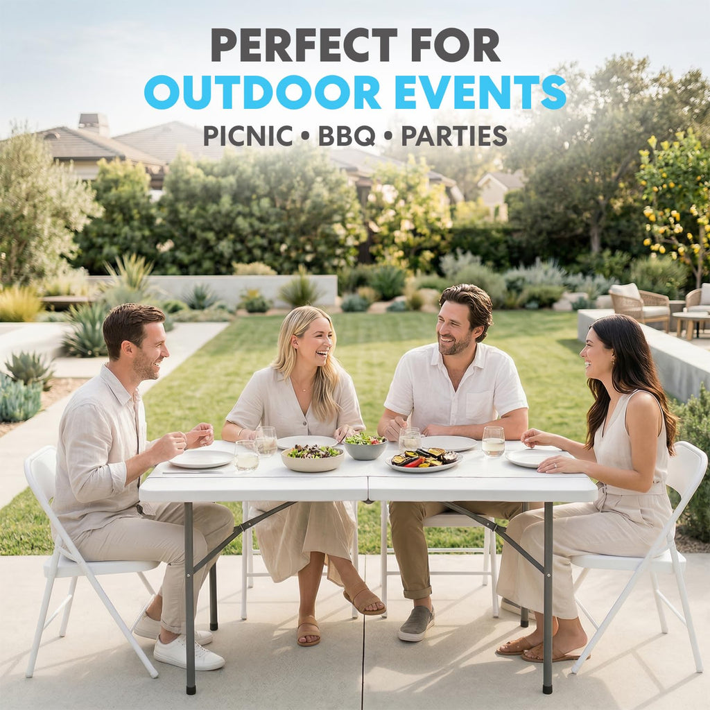 4ft Plastic Folding Table, Indoor Outdoor Heavy Duty Portable/Handle, Lock for Picnic, Party, Camping - White