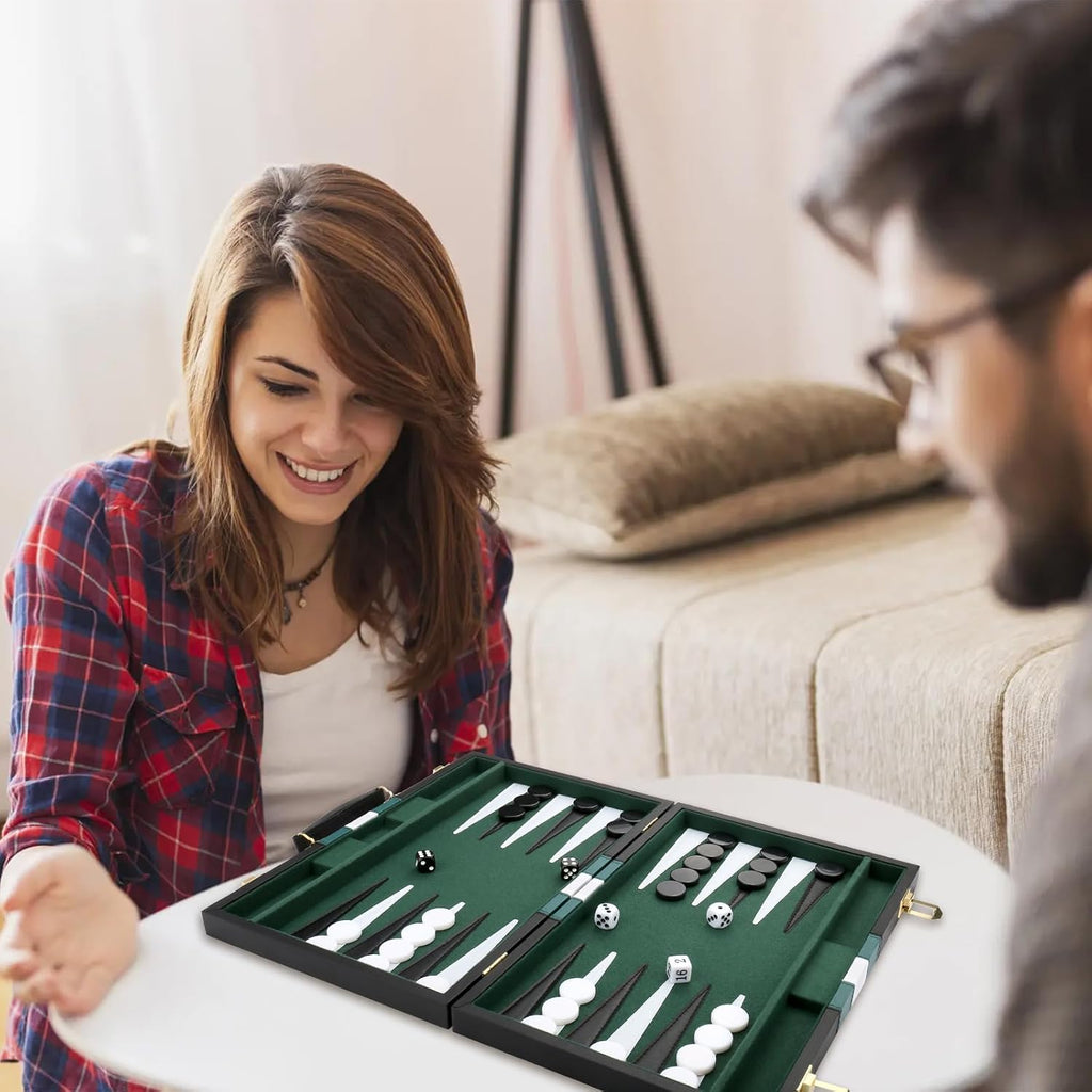 Backgammon Set - Classic Board Game with Premium PU Leather Case - Portable Travel Strategy Backgammon Game Set