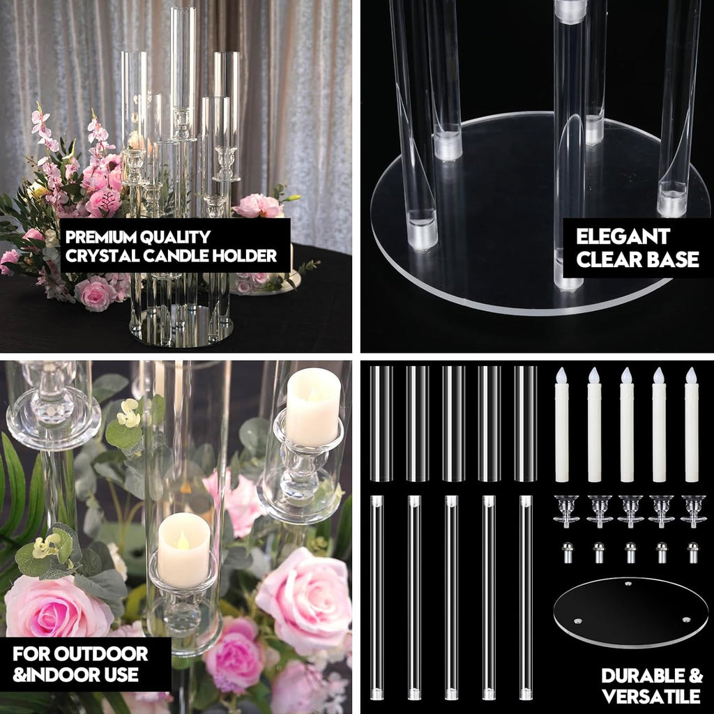 1 Set 5 Arm Acrylic Candle Holder with Candles, Mjkeomo 27'' Tall Table Candelabra, Complete Centerpiece Set for