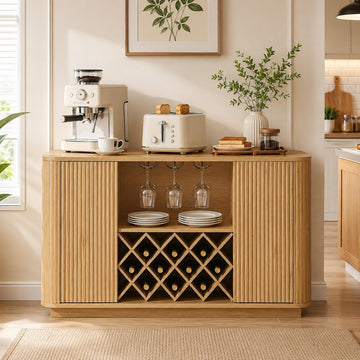Fluted Coffee Bar Cabinet, 58" Wine Cabinet with Rack&Glass Holder | Wooden Buffet Sideboard, Farmhouse Liquor