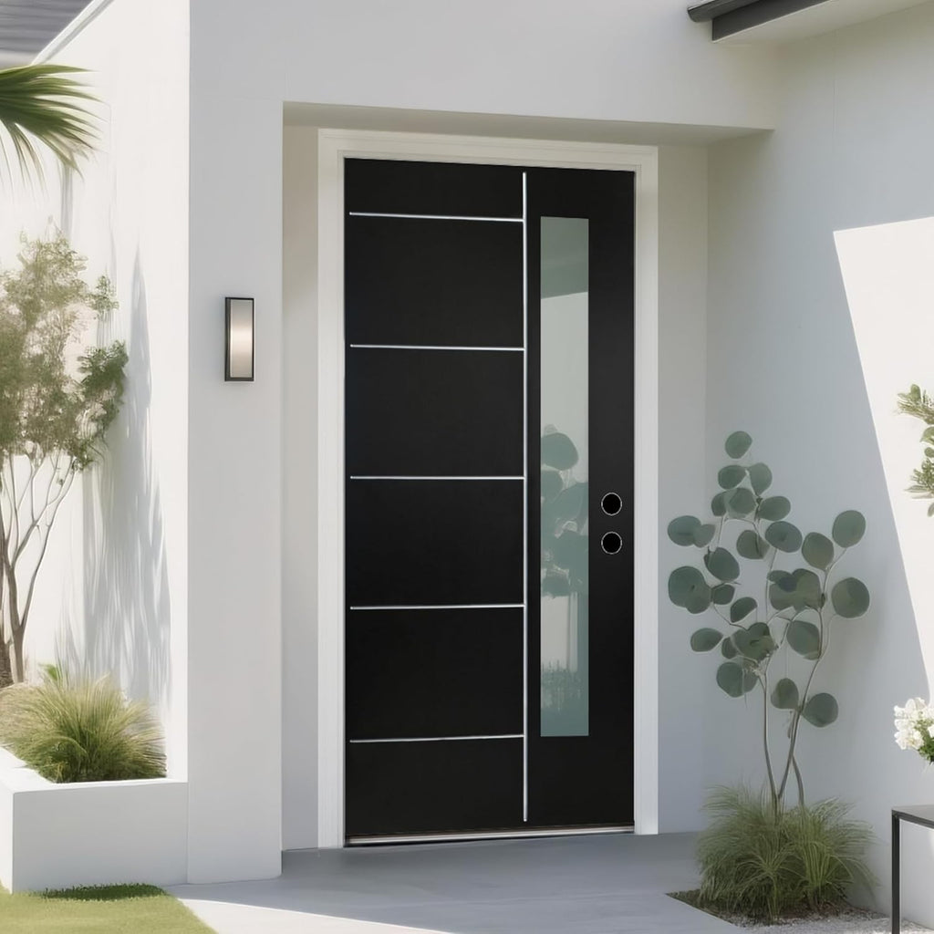 36'' x 80" Fiberglass Entry Door with 4-9/16" Width White Frame, Black Exterior Door with Frosted Glass, Modern Front
