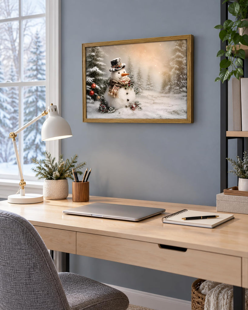 Vintage Christmas Wall Art 16x24 inch, Wood Framed Cute Snowman Canvas Wall Decor Painting, Rustic Winter Scene