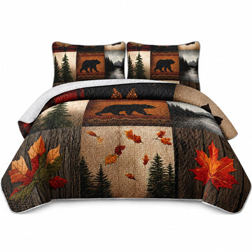 Rustic Bear Quilt Set, Western Bedspread Bedspread Coverlet with 2 Pillowcases, 3-Piece Bear Walk Cabin Plaid