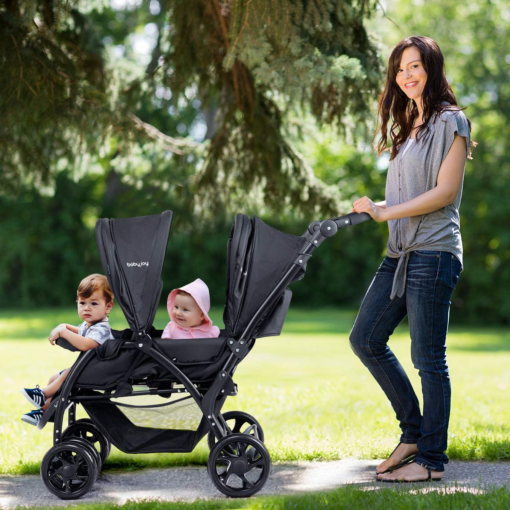 Double Stroller, Foldable Lightweight Twin Stroller with Tandem Seating, Adjustable Backrest/Canopy/Footrest, Point