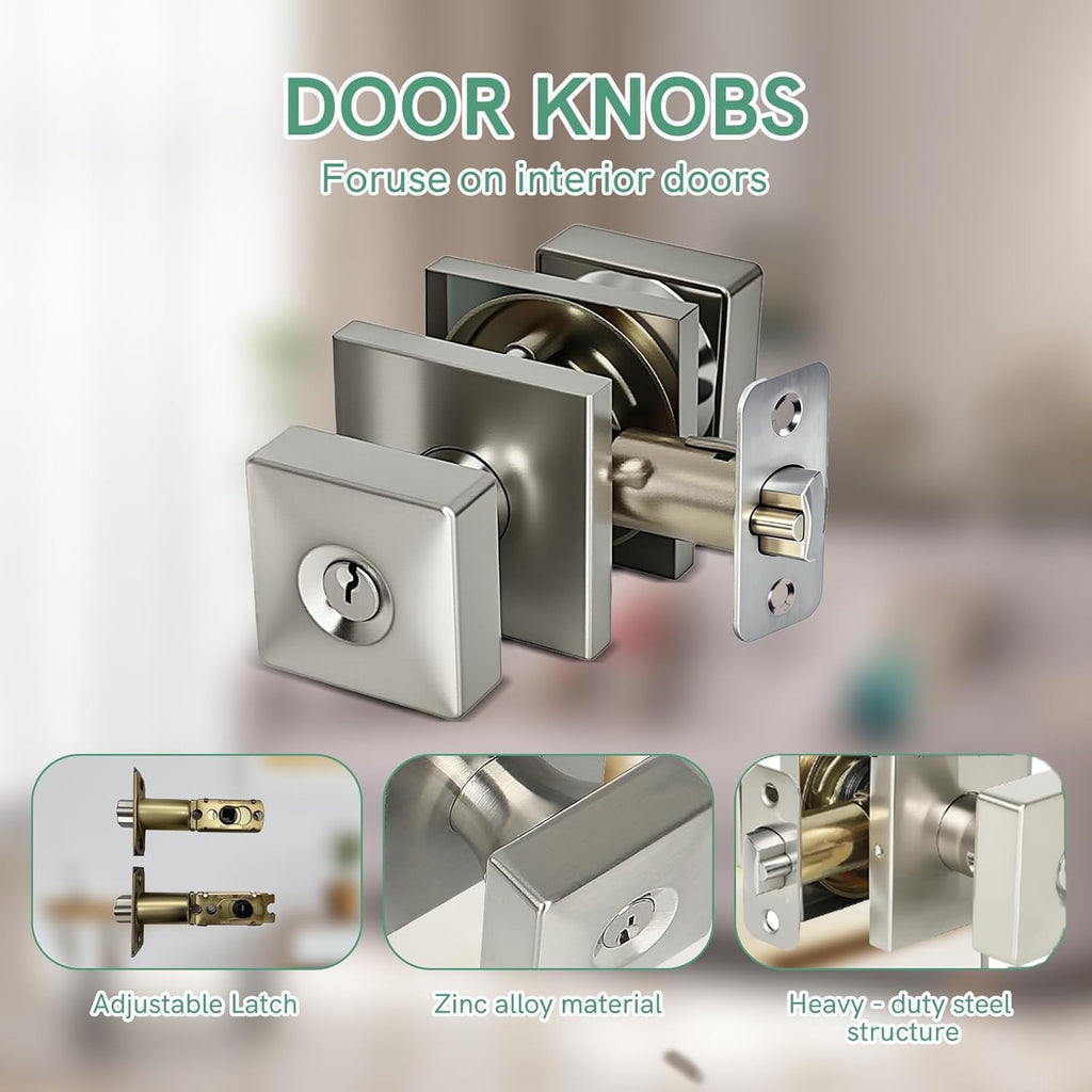 Satin Nickel Deadbolt and Door Knob Set - Square Exterior Door Knob with Deadbolt, Heavy Duty Keyed Alike for Front