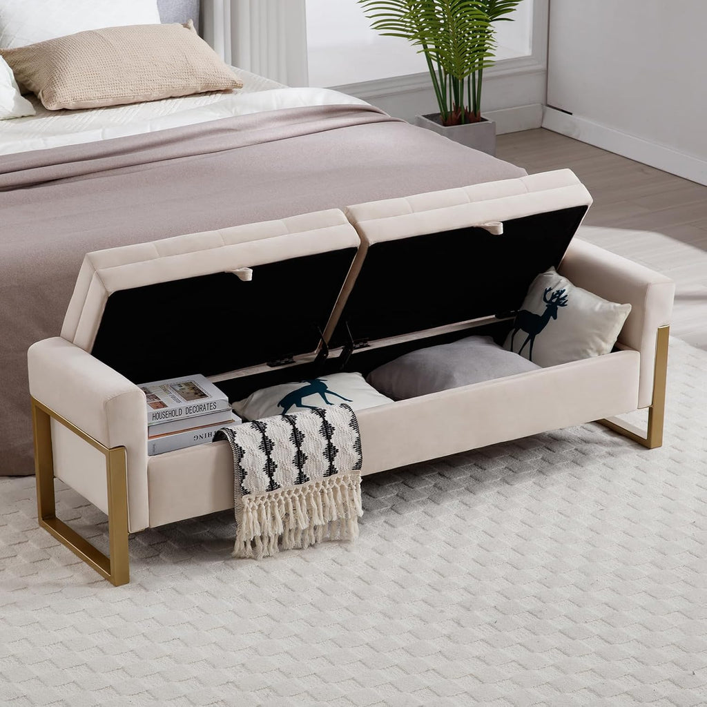 67" Storage Bench End of Bed, Velvet King Size Bed Bench with Double Lids and Gold Legs, Storage Ottoman Bench with