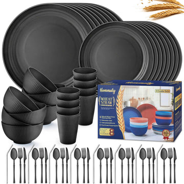 Wheat Straw Dinnerware Sets, 64-Piece Black Plates and Bowls Sets for 8-Unbreakable, Reusable Plastic Dish Set-Dinner