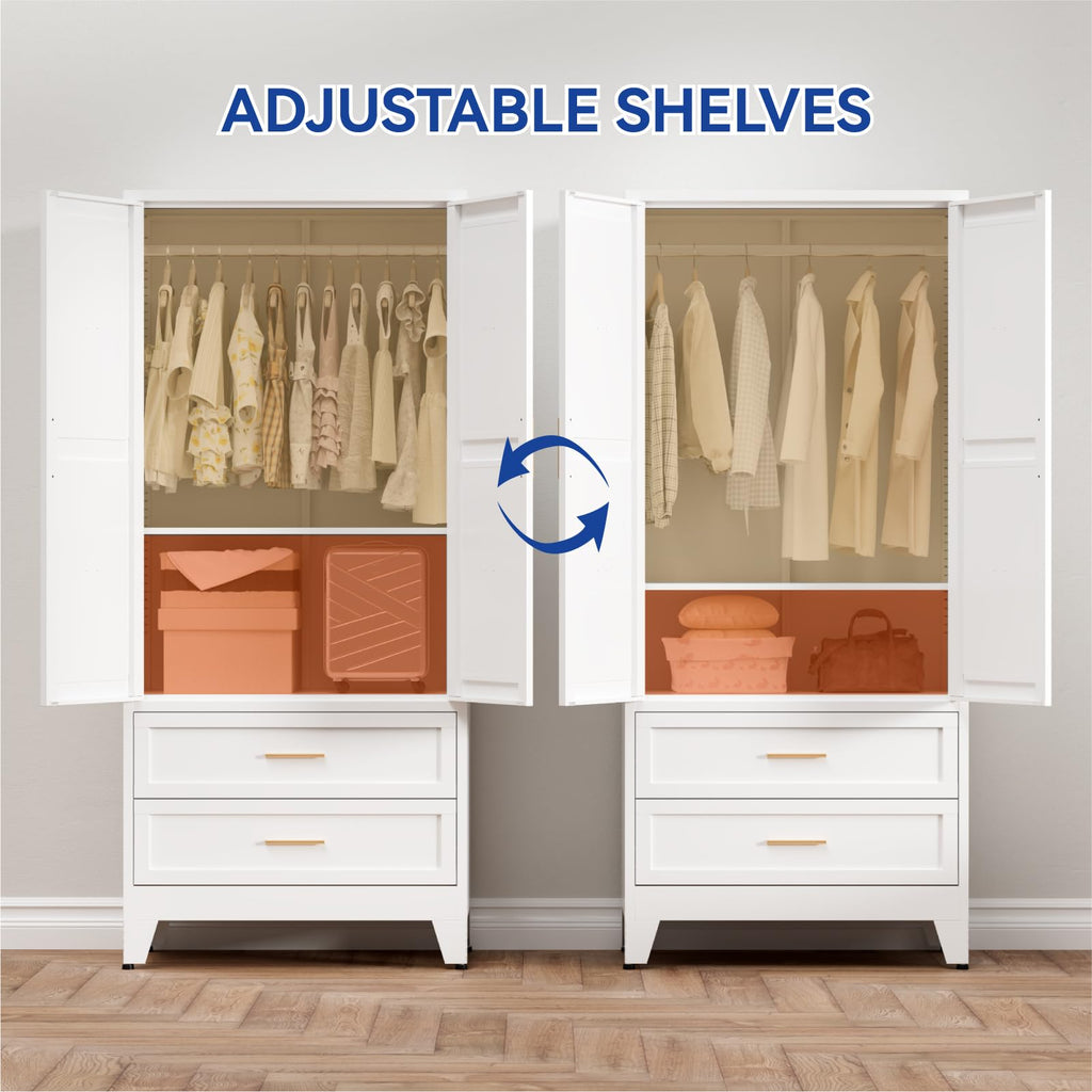 Armoire Wardrobe Closet with Drawers & Hanging Rod, 71'' Metal Wardrobe Closet with Doors & Adjustable Shelf