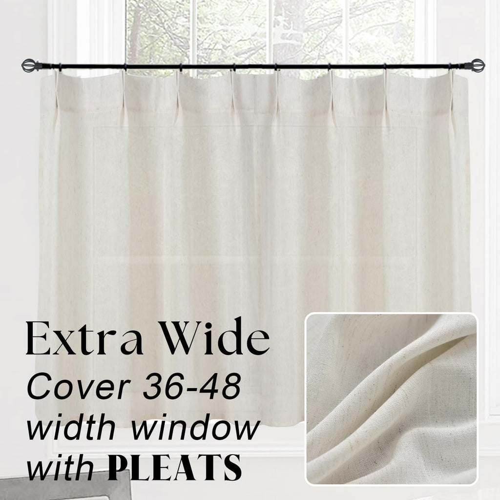 Pinch Pleat Cafe Curtains 24 Inch Length Window Over Sink, Cream Linen Light Filtering Sheer Farmhouse Style Mini