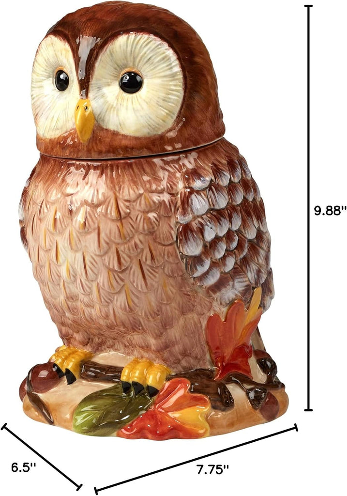 Pine Forest 3-D Owl Cookie Jar with Lid - 60 oz. Ceramic Autumn Storage Canister - Woodland Cabin Kitchen Decor