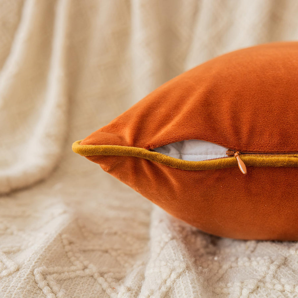 Set of 2 Fall Pillow Covers Brunt Orange Velvet Throw Pillow Covers Decorative Modern Autumn Pillow Cases Rope Edging