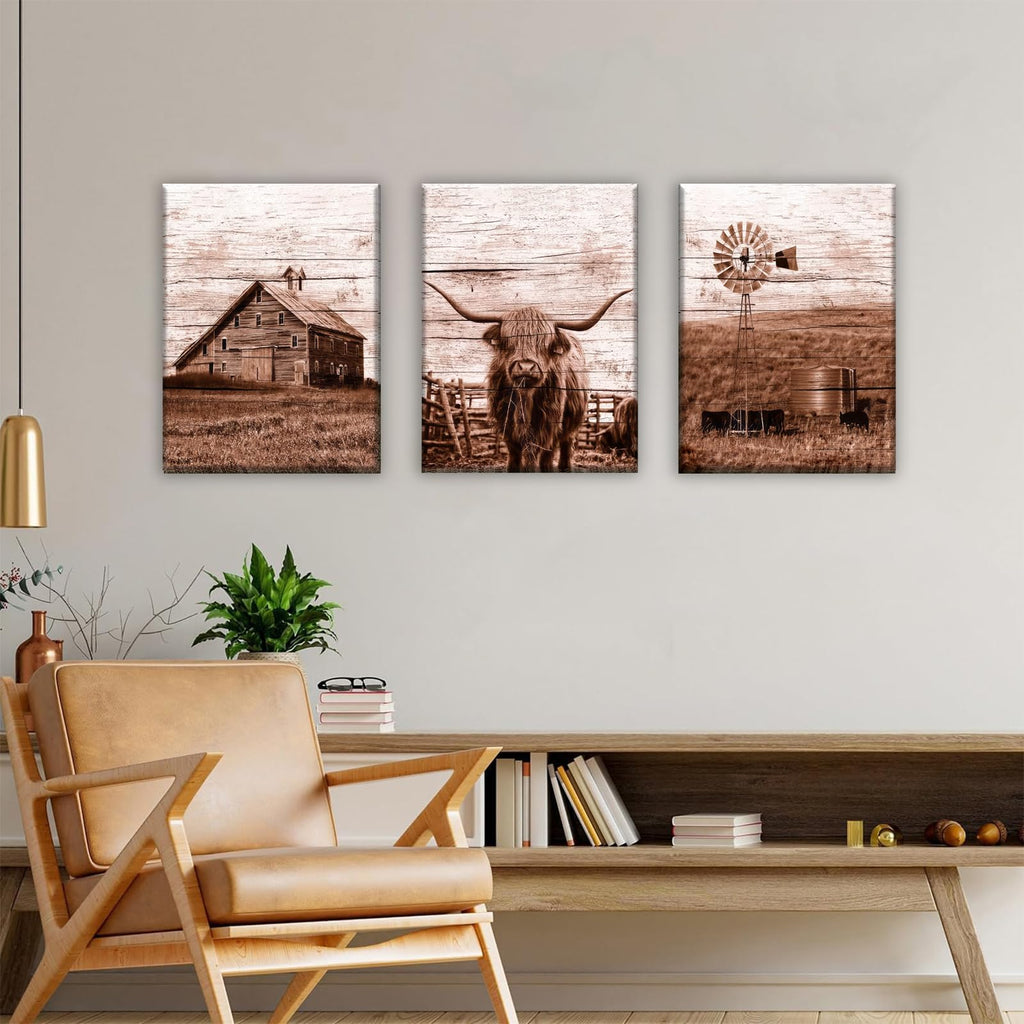 3pcs Farmhouse Highland Cow Wall Art Vintage Highland Cow Wall Art Barn Farmhouse Windmill Canvas Pictures Bedroom