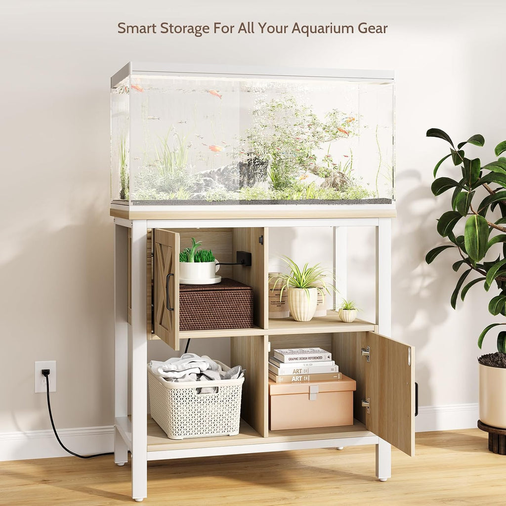 20-29 Gallon Fish Tank Stand with Power Outlet, Farmhouse Aquarium Stand with 2 Cabinets, 20 Gallon Fish Stand with 4