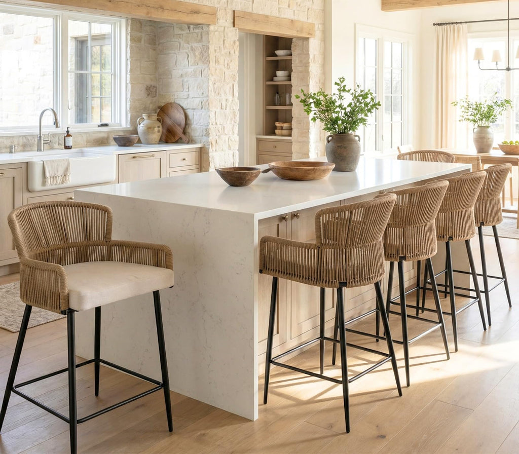 Farmhouse Woven Bar Stool, 26 Inch Linen Upholstered Rattan Barstool with Curved Backs, Modern Cane Counter Height