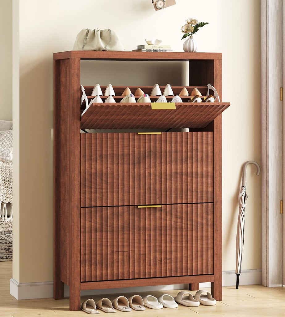32" Fluted Shoe Cabinet Storage with 3 Flip Drawers