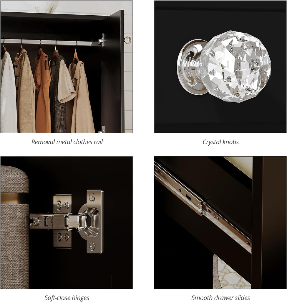 43''H Armoire Wardrobe Closet with 4 Drawers and 2 Doors | Small Clothing Storage Cabinet Dresser with Hanging Rod