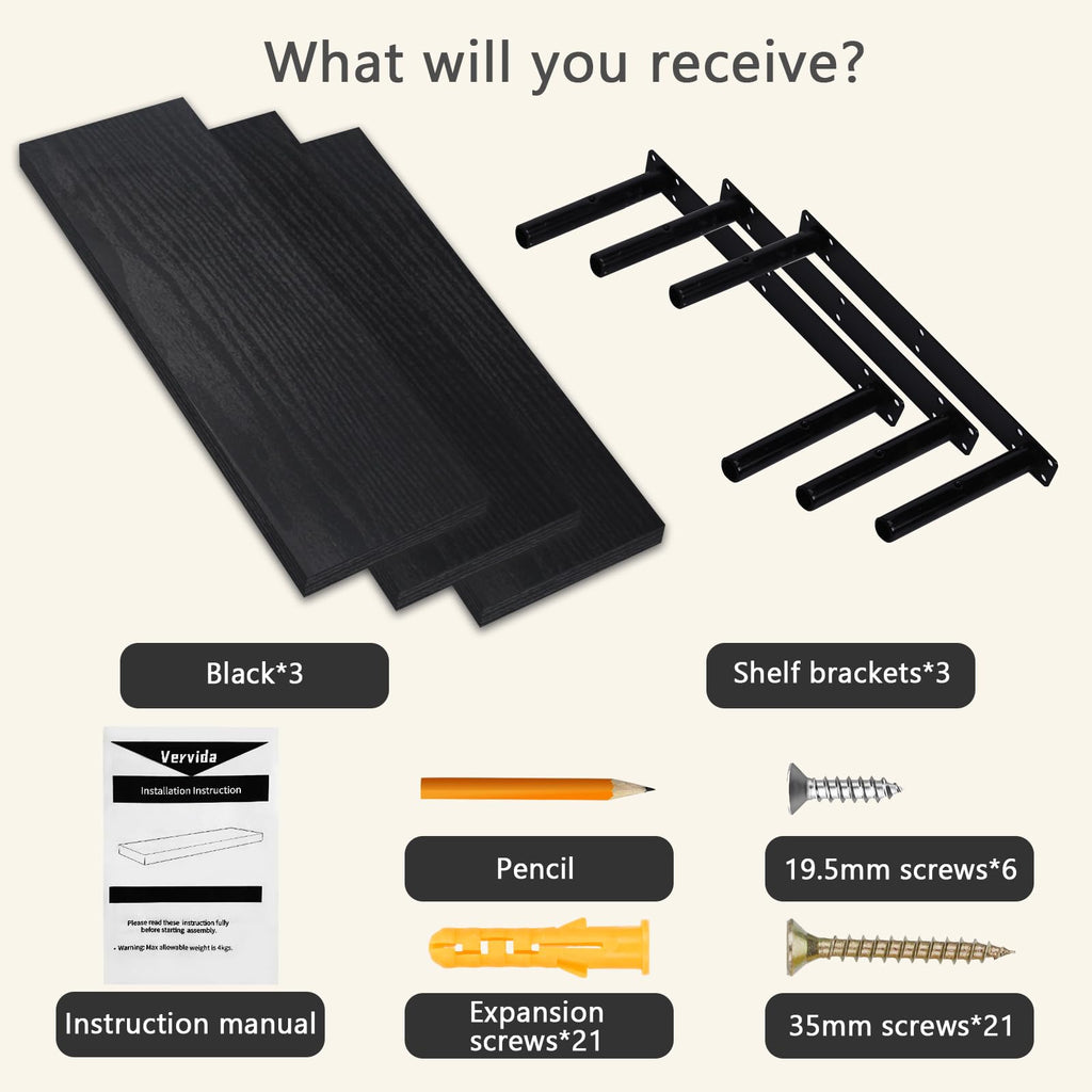 Black Floating Wall Shelves 24in Deep Set of 3 Holds 37lbs