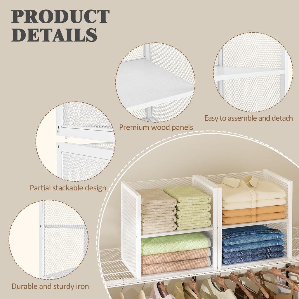 4-Tier Stackable Closet Organizers and Storage Basket, Wire Clothes Shelf Organizer Bins, Sweater Storage for