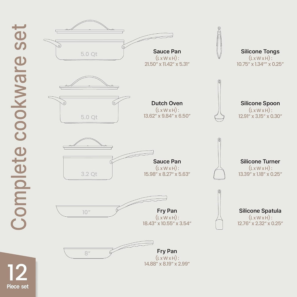 Bakken 12-Piece Ceramic Cookware Set, Nonstick Pots and Pans Set, Non-Toxic PTFE & PFAS-Free Cookware with Silicone