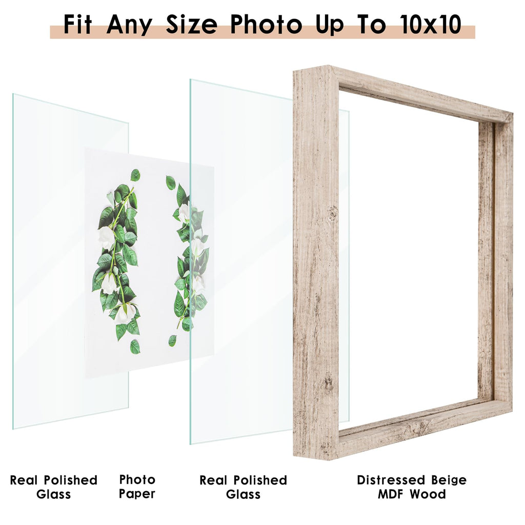 10x10 Floating Frame Distressed Beige White Wood Pattern, Double Glass Square Picture Frame Display Any Size Photo up