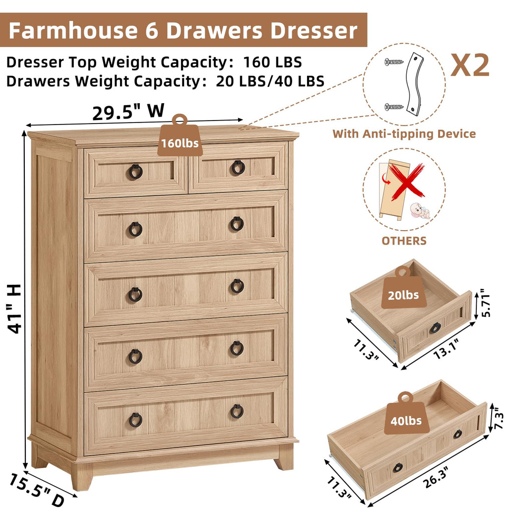 Farmhouse 6 Drawer Dresser, 41" Tall Chest of Drawers