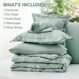 Queen Comforter Set 7 Pieces, Sage Green Bed in a Bag Queen Reversible Botanical Flowers Design