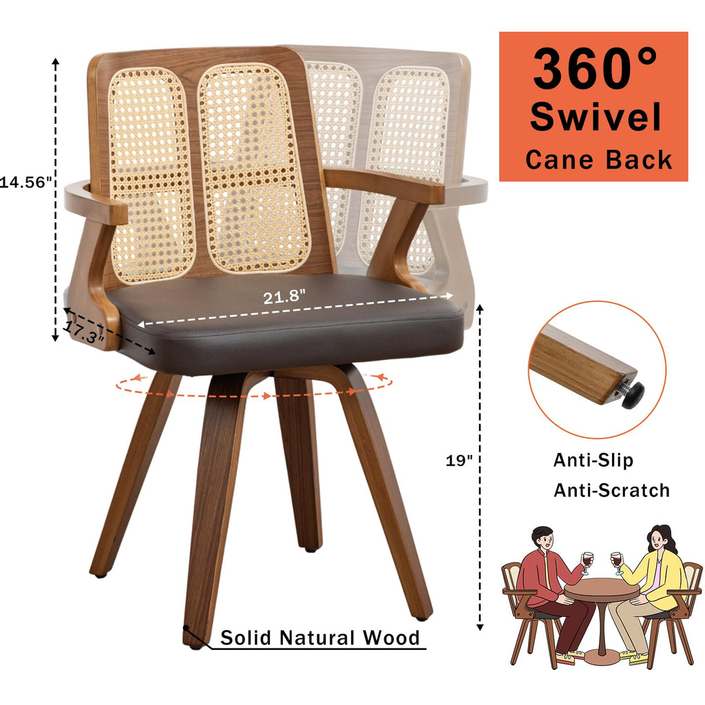 Walnut Dining Chairs - Swivel Rattan Dining Chairs with Bentwood Frame with Ergonomic Cane Back, Curved Arms, MCM