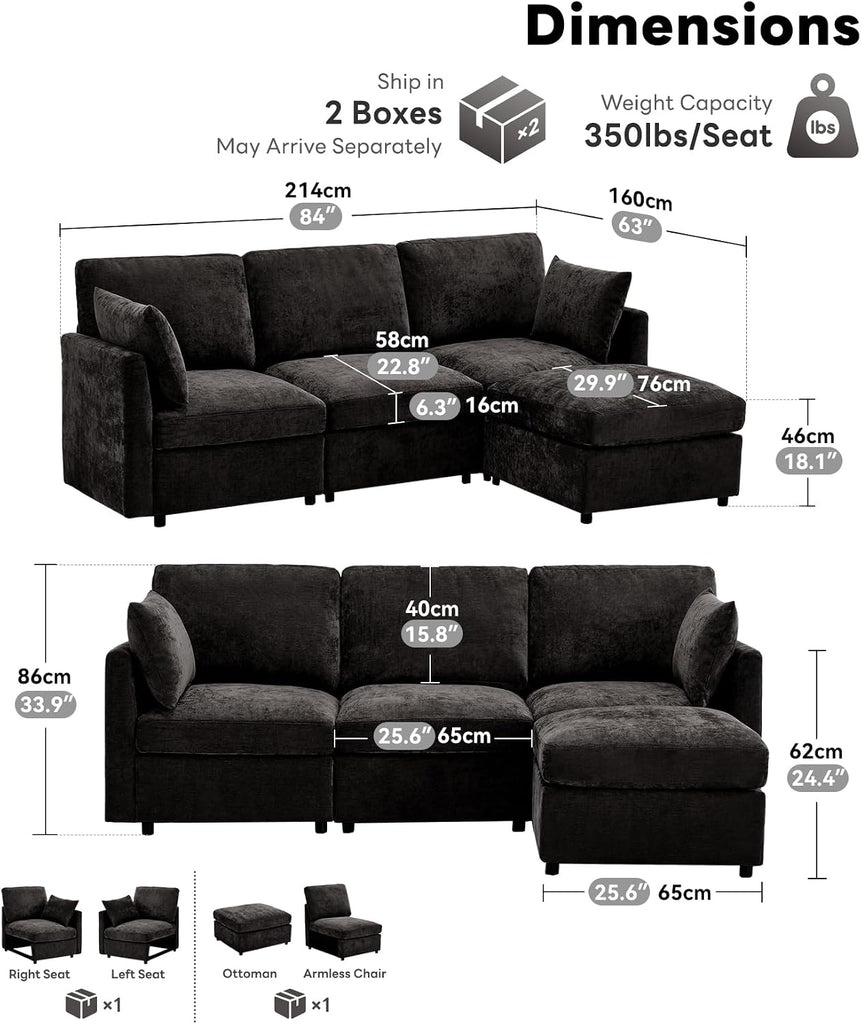 Sectional Couch , Comfy L Shaped Convertible Sofa, 4 Seater Modern Chenille Sofa with Ottoman,Black