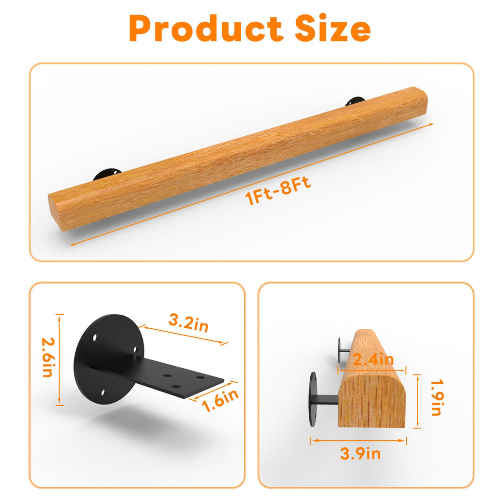 6FT Wood Stair Handrails Wall Mount, Hand Railings for Stairs Indoor Outdoor, Non-Slip Staircase Handrail for