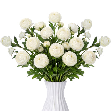 12 Pcs White Artificial Ranunculus Flowers with Stem, 18 Heads