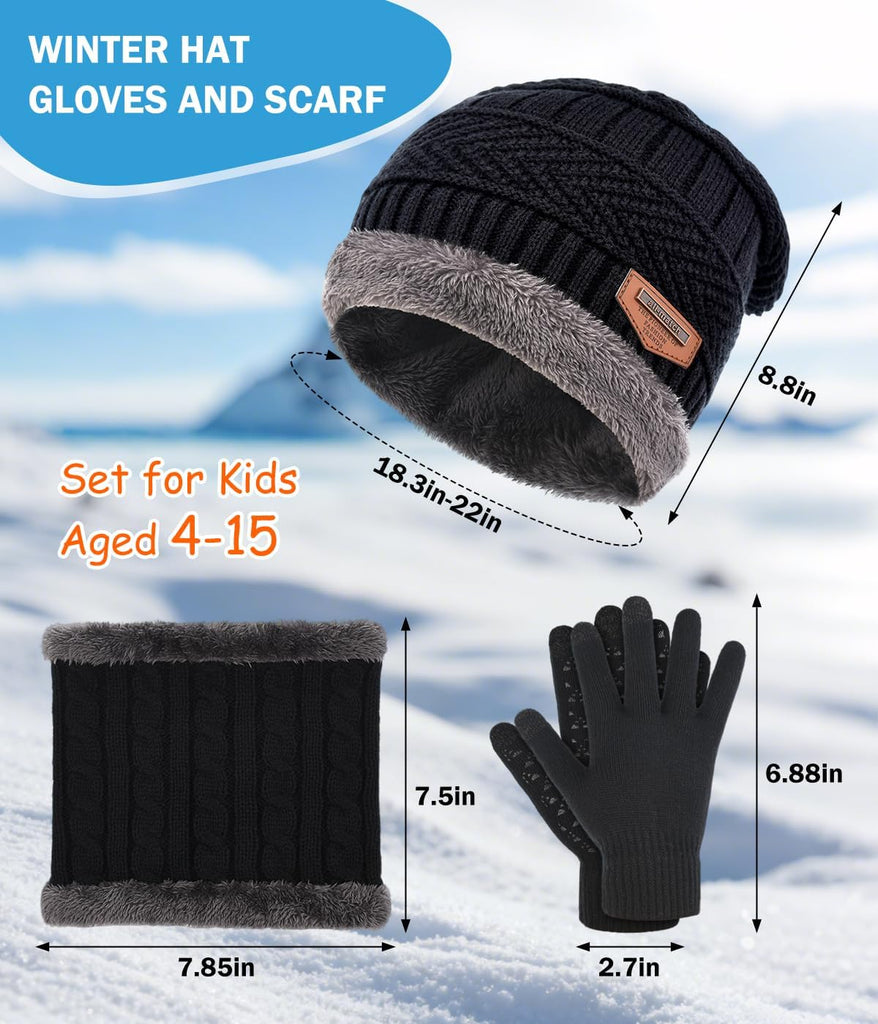 Kids Winter Hat Scarf&Touchscreen Gloves Set,Knitted Beanie with Fleece Lining, Neck Warmer for Boys Girls