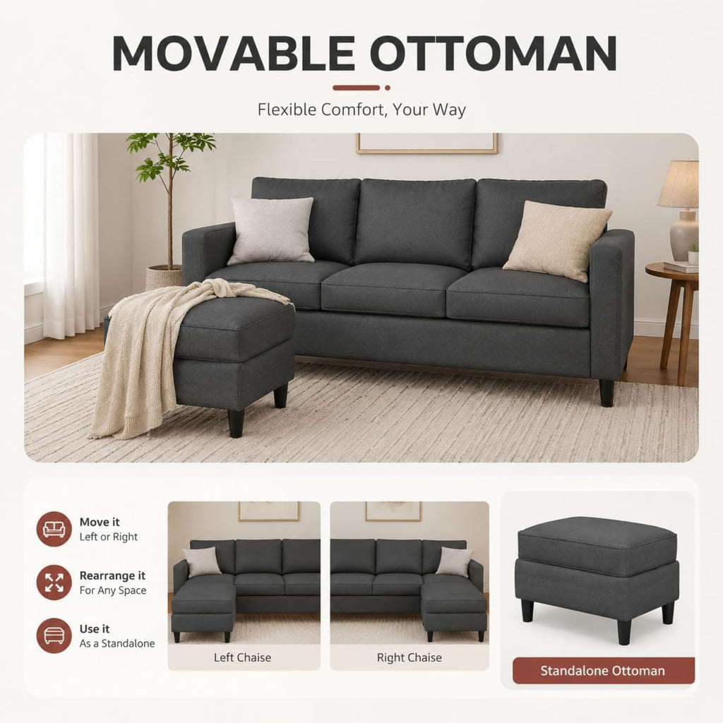 73.6" L-Shaped Small Sectional Couch with Ottoman, Gray
